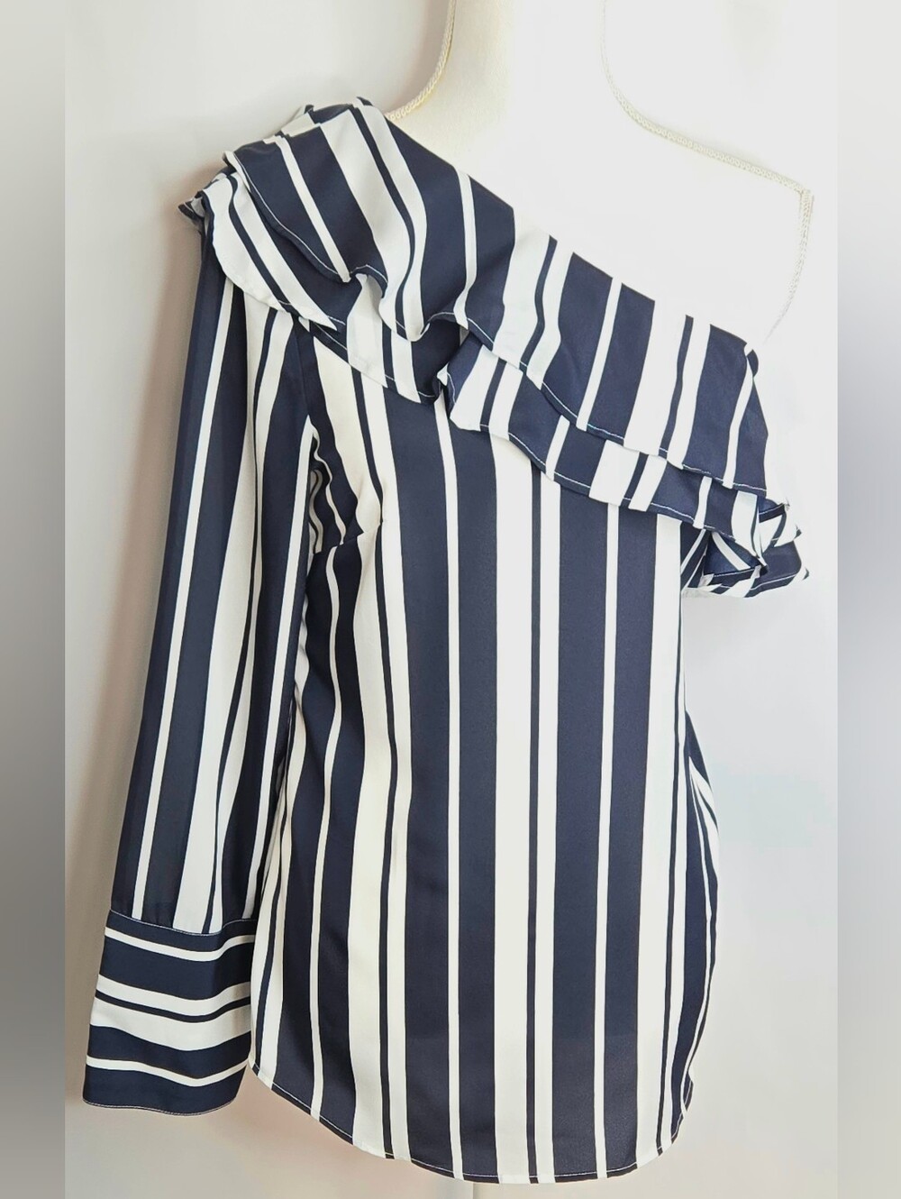 Banana Republic Nautical One Shoulder Cascading Ruffle Statement Blouse NWOT M